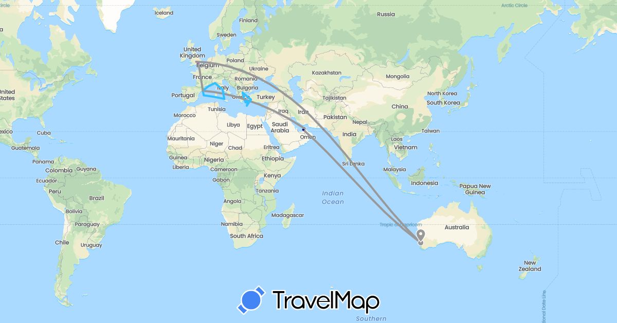 TravelMap itinerary: driving, plane, train, boat in United Arab Emirates, Australia, Spain, France, United Kingdom, Greece, Italy, Turkey (Asia, Europe, Oceania)